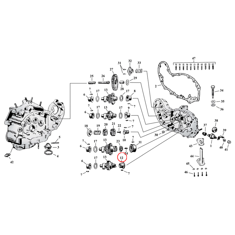 Cam Drive / Cover Parts Diagram Exploded View for Harley 45" Flathead 12) 37-73 45" SV. Camshaft bushing, outer. Rear exh. (