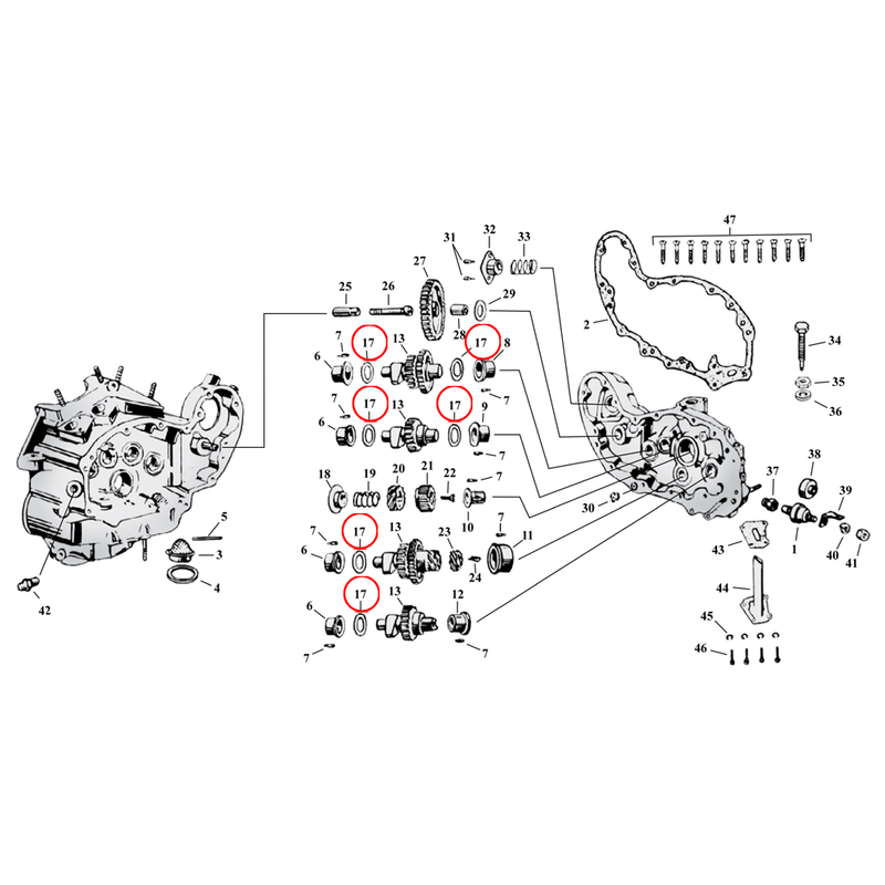 Cam Drive / Cover Parts Diagram Exploded View for Harley 45" Flathead 17) 37-73 45". Camshaft washer (.007"). Replaces OEM: 6769
