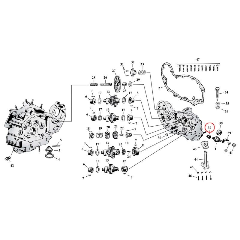 Cam Drive / Cover Parts Diagram Exploded View for Harley 45" Flathead 37) 38-73 45" SV. Fitting, vent pipe. Replaces OEM: 63533-15