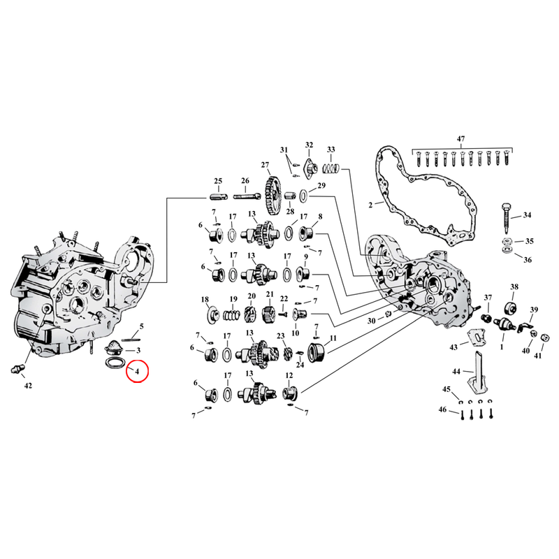Cam Drive / Cover Parts Diagram Exploded View for Harley 45" Flathead 4) L59-73 45" SV. James gasket, oil strainer. Replaces OEM: 24978-57