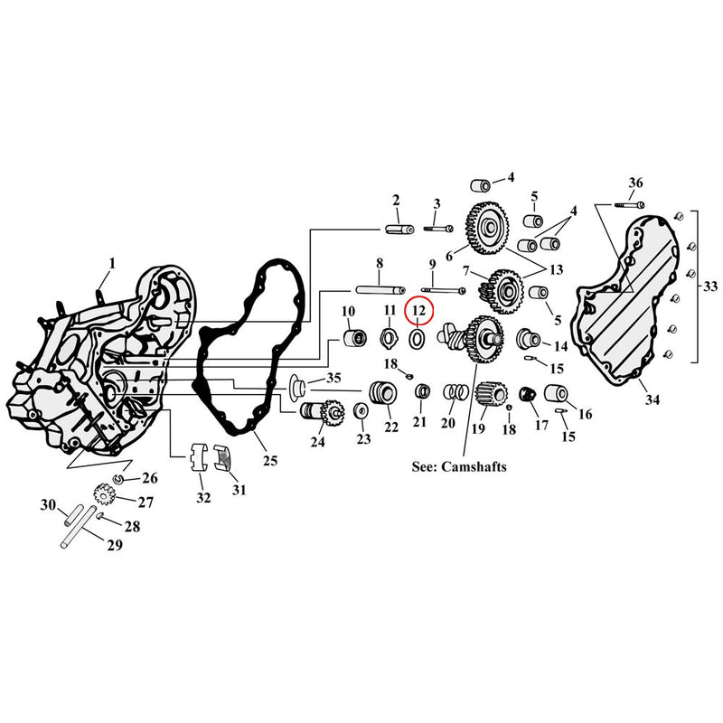 Cam Drive / Cover Parts Diagram Exploded View for Harley Knuckle / Pan / Shovel 12) 36-99 Big Twin. Thrust washer, camshaft (.080"). Replaces OEM: 25556-79