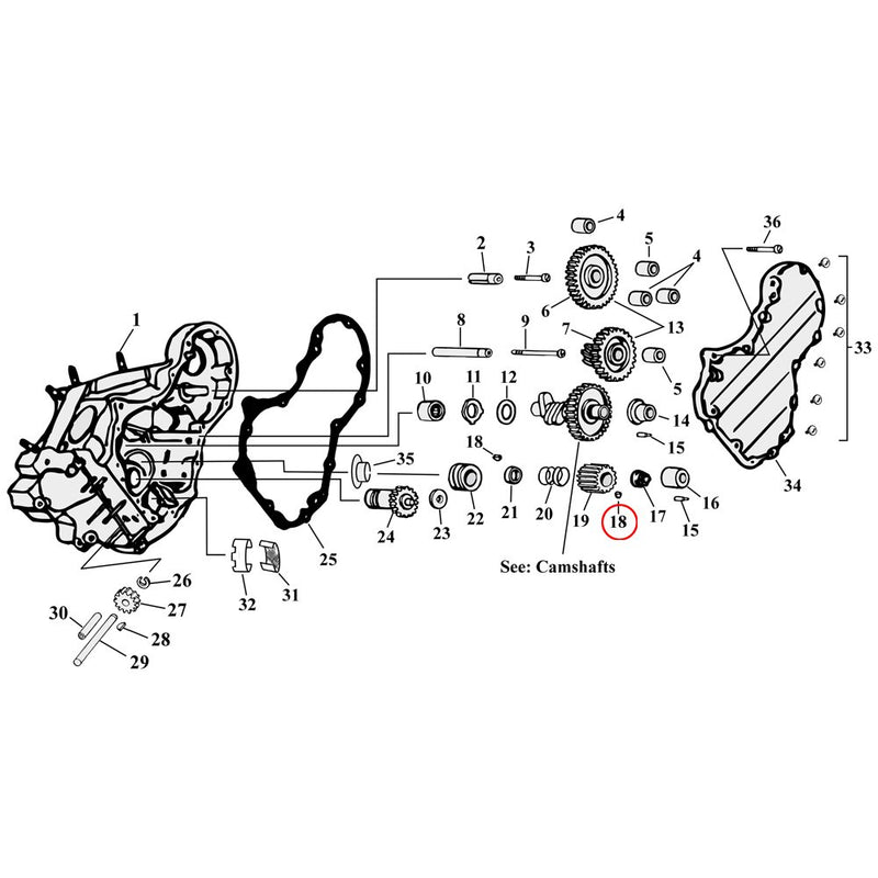 Cam Drive / Cover Parts Diagram Exploded View for Harley Knuckle / Pan / Shovel 18) 54-89 Big Twin. Woodruf key, pinion shaft. Replaces OEM: 23985-54