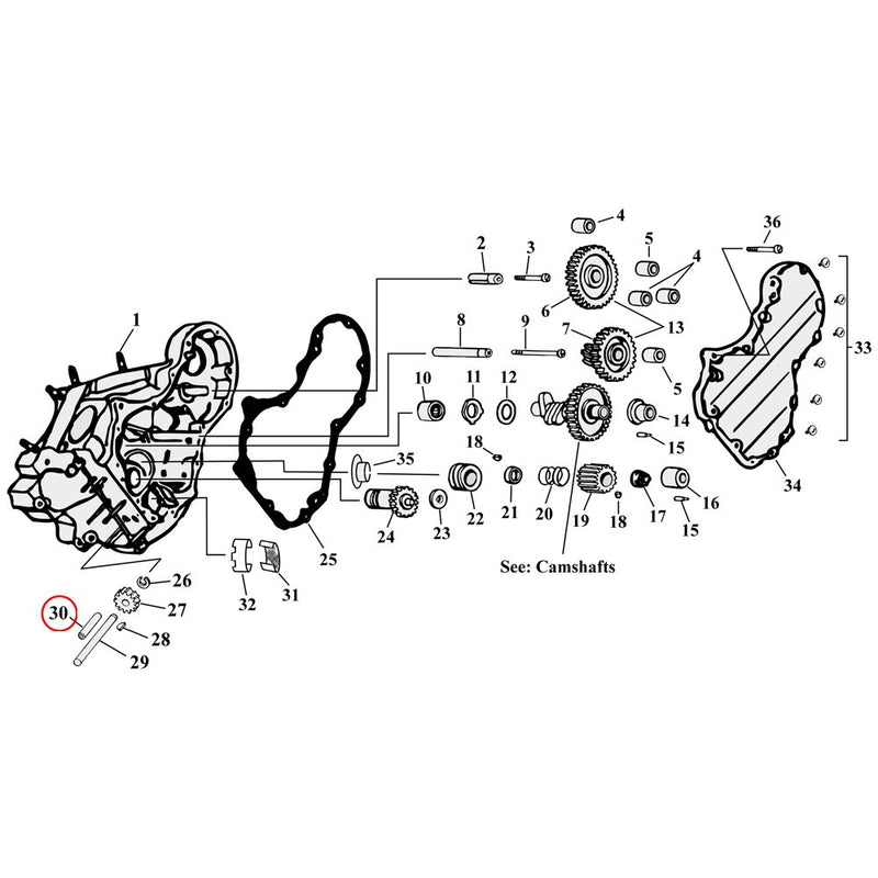 Cam Drive / Cover Parts Diagram Exploded View for Harley Knuckle / Pan / Shovel 30) 36-99 Big Twin. Bushing, oil pump drive shaft. Replaces OEM: 24641-36