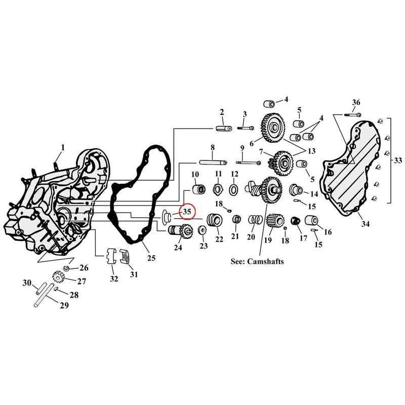 Cam Drive / Cover Parts Diagram Exploded View for Harley Knuckle / Pan / Shovel 35) 40-53 Big Twin. Seal ring, pinion shaft. Replaces OEM: 24697-40