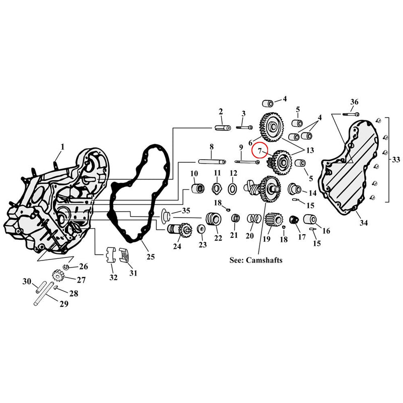 Cam Drive / Cover Parts Diagram Exploded View for Harley Knuckle / Pan / Shovel 7) 36-69 Big Twin. S&S drive gear, circuit breaker. Replaces OEM: 25850-36A