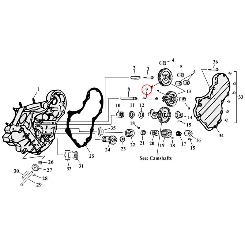 Cam Drive / Cover Parts Diagram Exploded View for Harley Knuckle / Pan / Shovel 9) 36-69 Big Twin. Right hand screw, circuit breaker gear stud. Replaces OEM: 25859-36