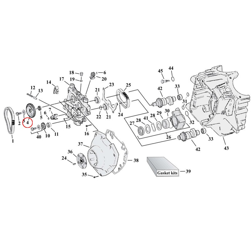 Cam Drive / Cover Parts Diagram Exploded View for Harley Twin Cam 4) 00-06 Softail, 00-03 Touring & Dyna & 2005 Dyna. Andrews splined cam driven gear, 34T. Replaces OEM: 25517-99