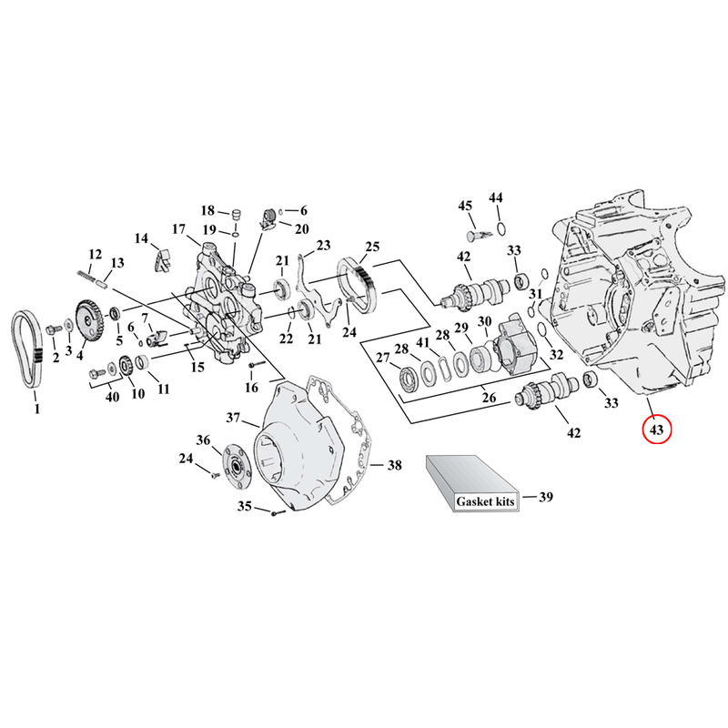 Cam Drive / Cover Parts Diagram Exploded View for Harley Twin Cam 43) Crankcase, see crankcase category. - Customhoj