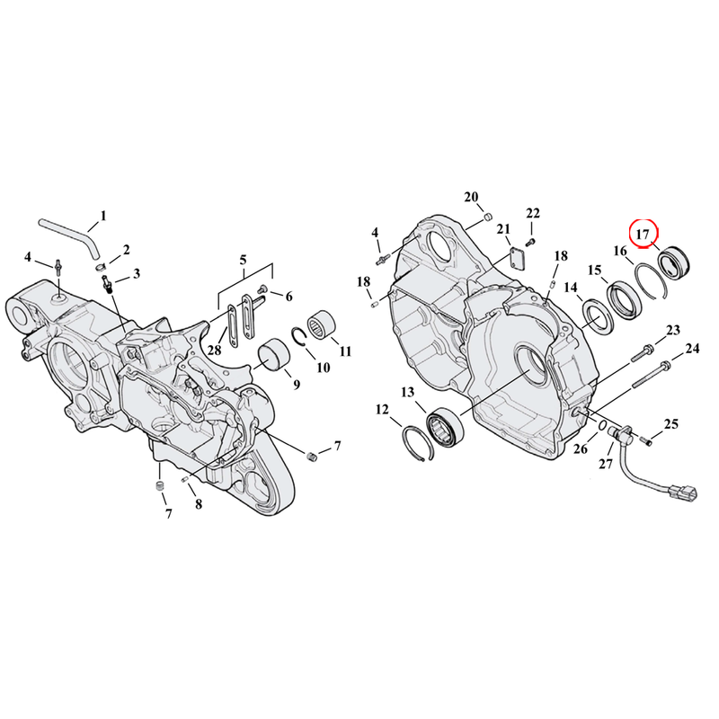 Crankcase Parts Diagram Exploded View for 04-22 Harley Sportster 17) 04-22 XL & XR1200. Spacer, sprocket shaft.