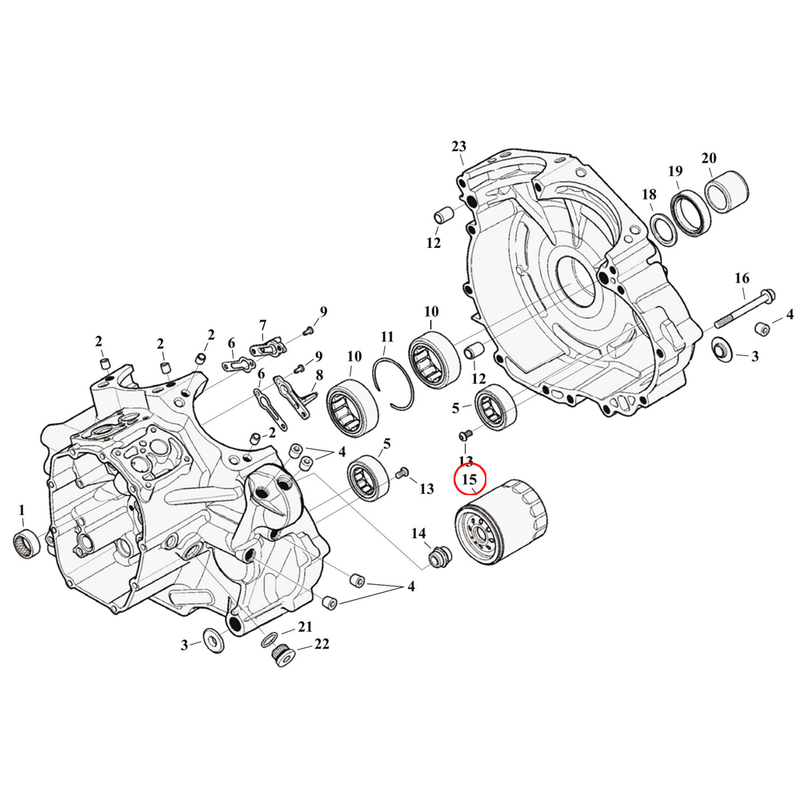 Crankcase Parts Diagram Exploded View for Harley Milwaukee Eight Touring 15) 17-23 M8. Chrome Oil filter. Replaces OEM: 62700297