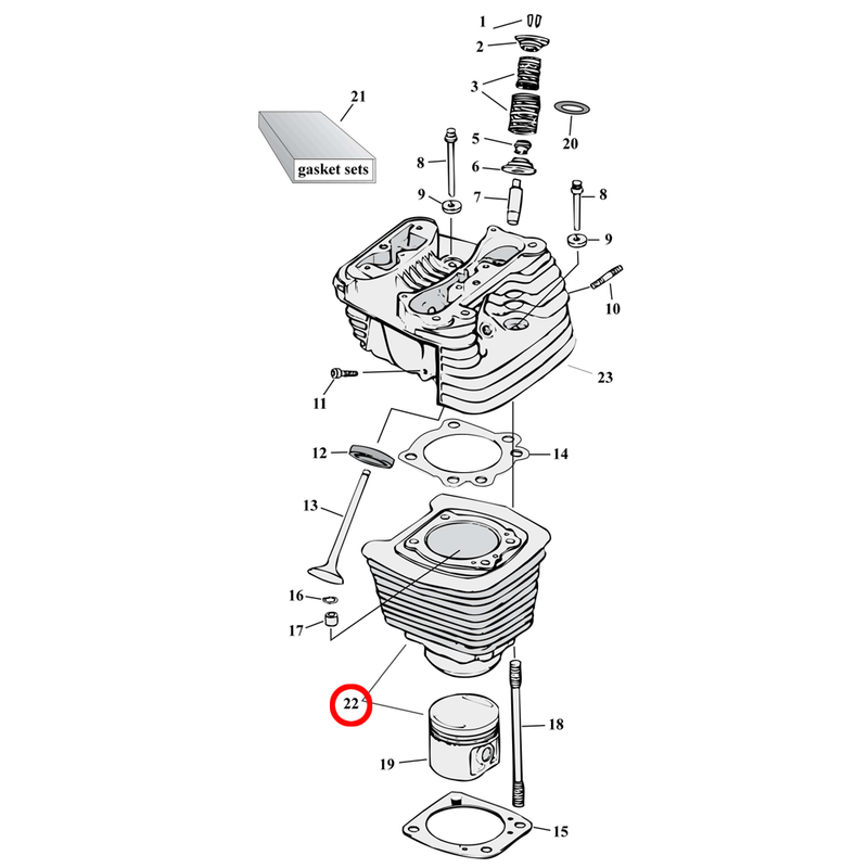 Cylinder Parts Diagram Exploded View for 86-22 Harley Sportster 22) 88-03 XL1200. Stock replacement cylinder set without pistons, black color. Replaces OEM: 16447-88A