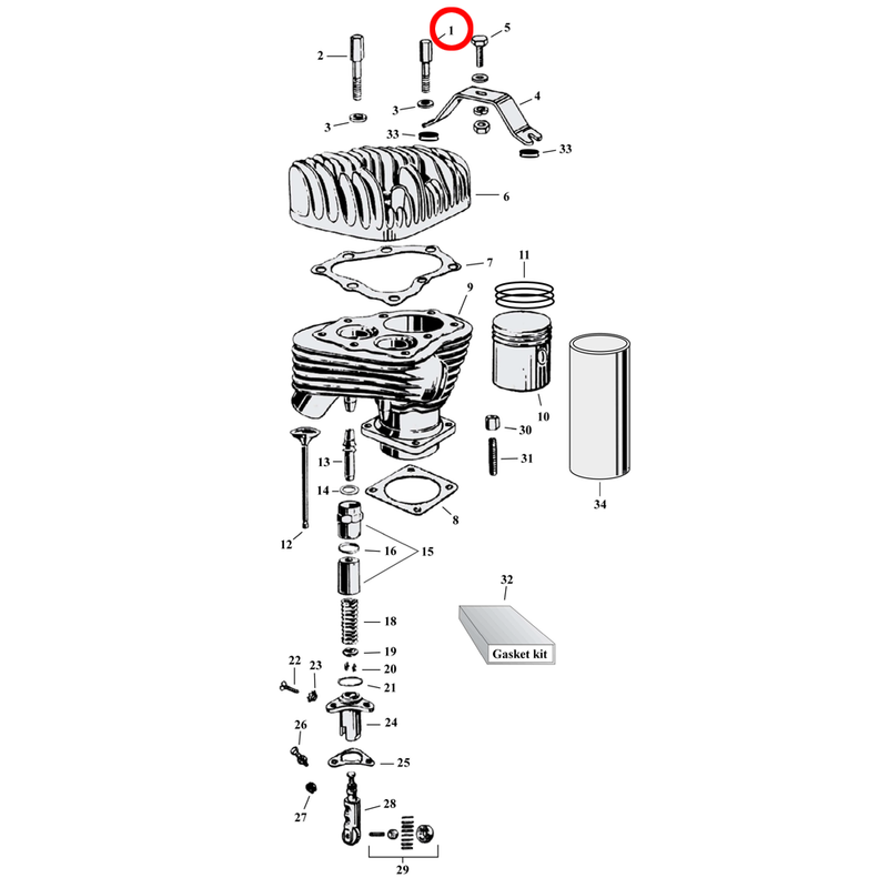 Cylinder Parts Diagram Exploded View for Harley 45" Flathead 1, 2) 29-50 45" with cast iron heads. Head bolt kit with over size studs. Black parkerized. Oversized studs. 3/8-16 x 7/16-24 threaded. Replaces OEM: 14-26S (16801-26)