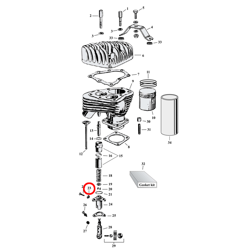 Cylinder Parts Diagram Exploded View for Harley 45" Flathead 23) 29-73 45" SV. Lockwasher, external tooth 1/4". Replaces OEM: 7231