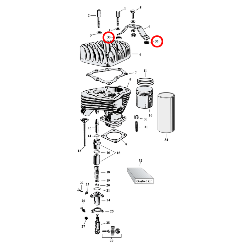 Cylinder Parts Diagram Exploded View for Harley 45" Flathead 33) 29-73 45" SV with alu heads. Spacer (set of 2). Replaces OEM: 16860-40