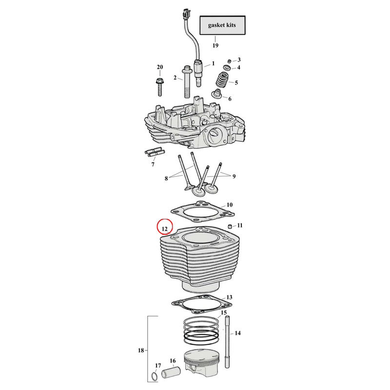 Cylinder Parts Diagram Exploded View for Harley Milwaukee Eight 12) 17-23 M8. See available cylinders separately.