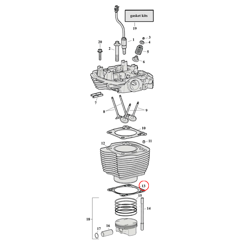 Cylinder Parts Diagram Exploded View for Harley Milwaukee Eight 13) 17-23 M8. James .025" Foamet gasket with bead, cylinder base (set of 2). Replaces OEM: 16500332