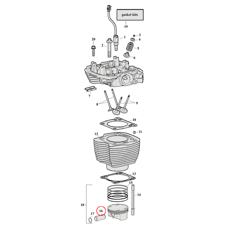 Cylinder Parts Diagram Exploded View for Harley Milwaukee Eight 16) 17-23 M8. Piston wristpin.