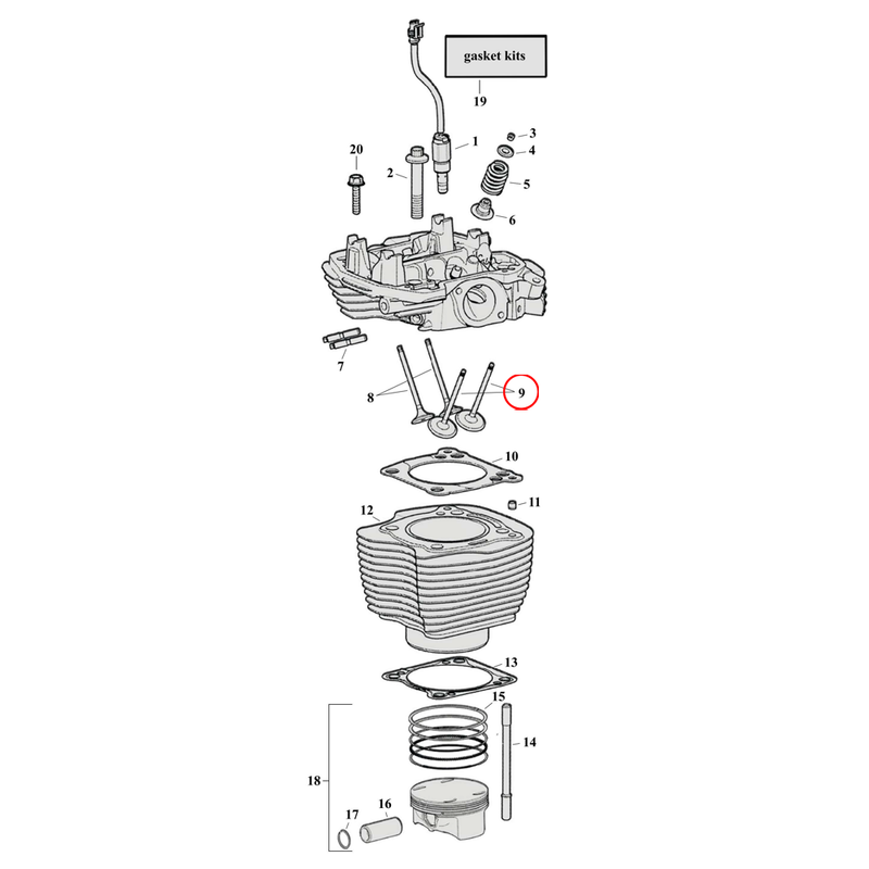 Cylinder Parts Diagram Exploded View for Harley Milwaukee Eight 9) 17-23 M8. Intake valve. See intake valves separately.