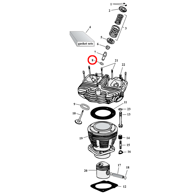 Cylinder Parts Diagram Exploded View for Harley Shovelhead 8) 66-79 Shovelhead. James valve guide gasket. Replaces OEM: 18196-51