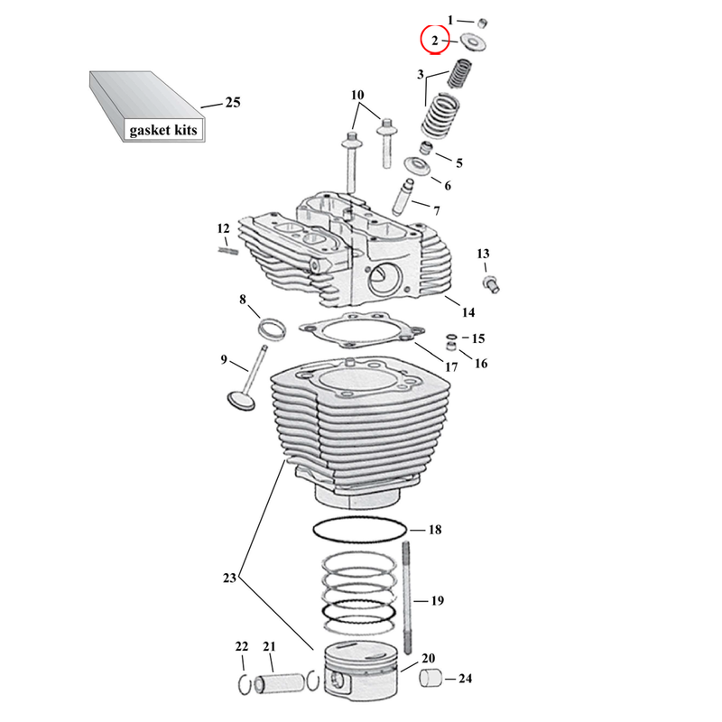 Cylinder Parts Diagram Exploded View for Harley Twin Cam 2) 99-04 TCA/B. Andrews steel valve spring collar set, upper. Up to .560" lift. Replaces OEM: 18219-83A