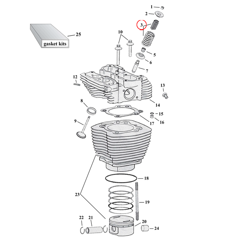 Cylinder Parts Diagram Exploded View for Harley Twin Cam 3) 05-17 TCA/B. S&S valve spring set. Replaces OEM: 18245-02