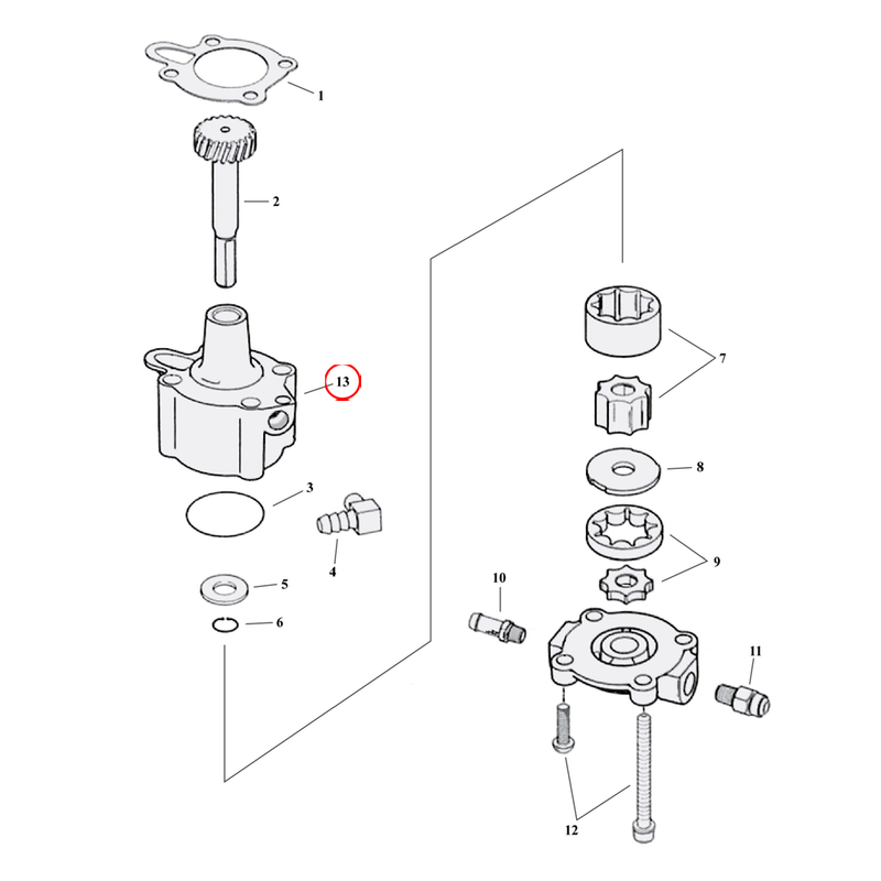 Oil Pump Parts Diagram Exploded View for 91-22 Harley Sportster 13) 91-22 XL. Complete oil pump assembly. Replaces OEM: 26204-91A & 26204-98