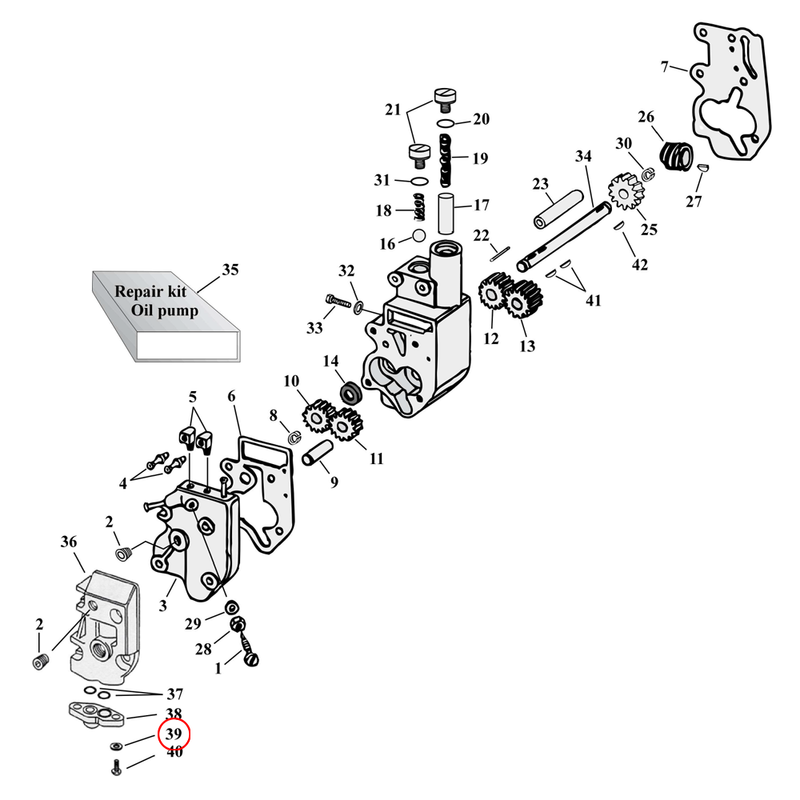 Oil Pump Parts Diagram Exploded View for Harley Shovelhead & Evolution Big Twin 39) 92-99 Big Twin. Washer (set of 5). Replaces OEM: 6099