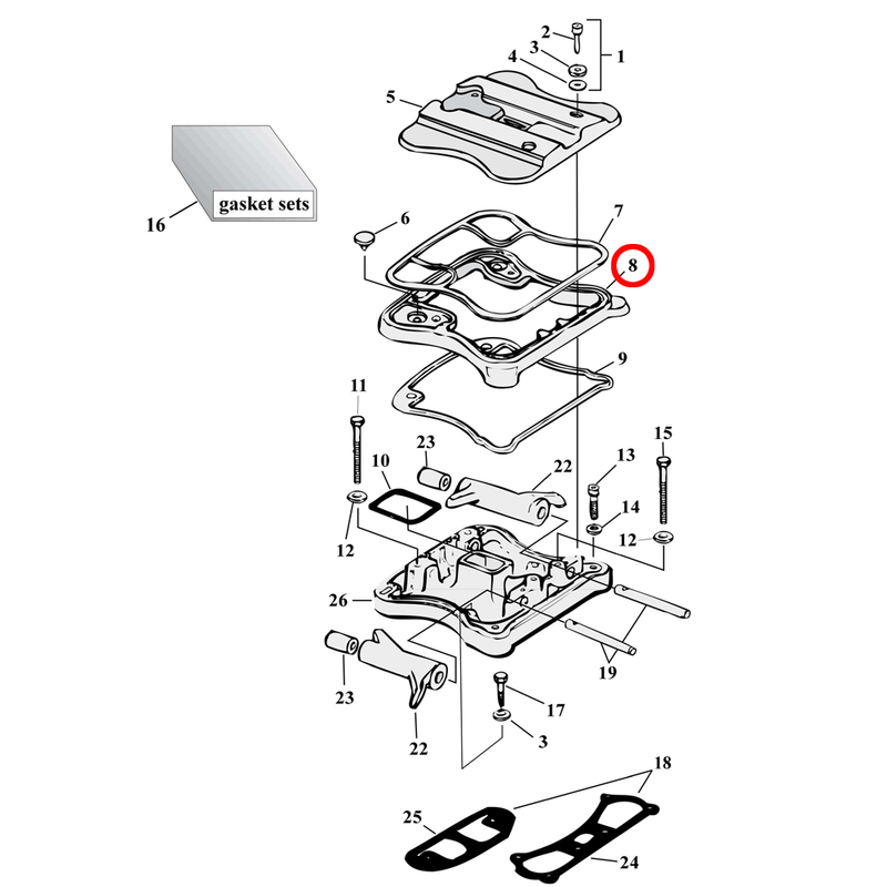 Rocker Box Parts Diagram Exploded View for 86-03 Harley Sportster 8) 86-90 XL. Rocker cover spacer, polished. Replaces OEM: 17533-86B