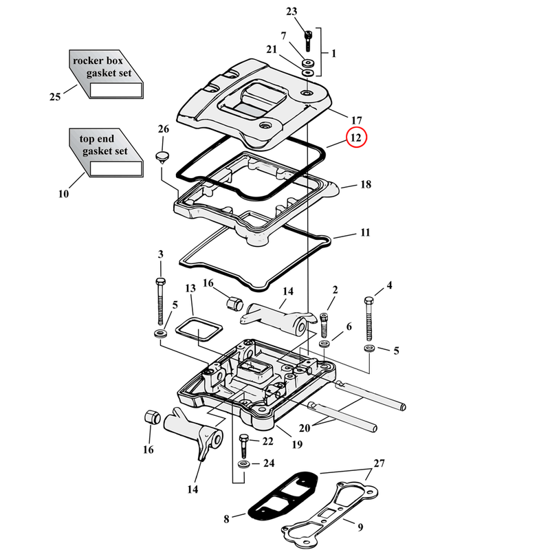 Rocker Box Parts Diagram Exploded View for Harley Evolution Big Twin 12) 84-91 Big Twin. James rocker box gasket, upper (cork). Replaces OEM: 17356-84