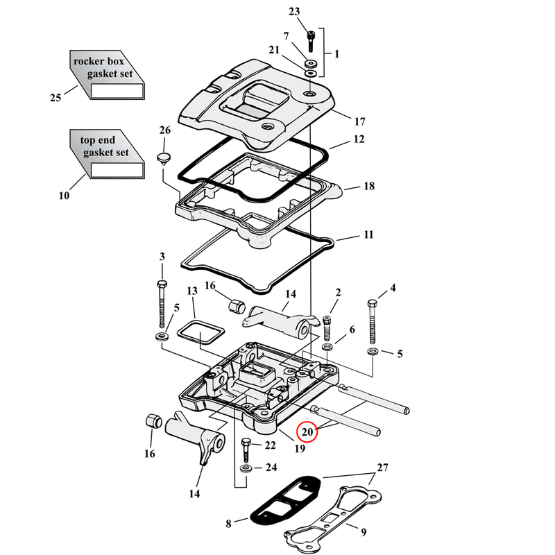 Rocker Box Parts Diagram Exploded View for Harley Evolution Big Twin 20) 84-99 Big Twin. S&S rocker arm shaft. Replaces OEM: 17611-83