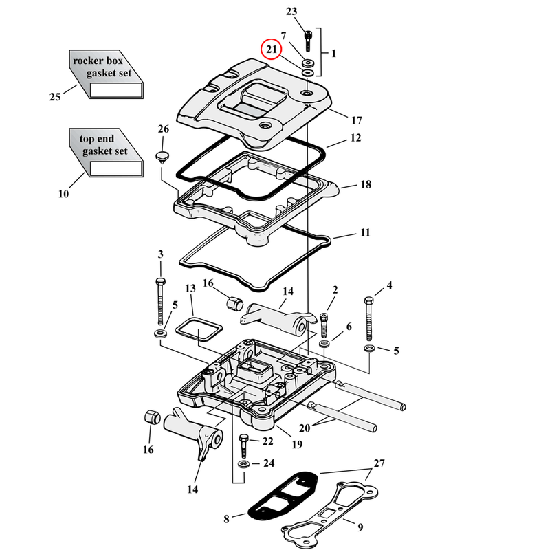 Rocker Box Parts Diagram Exploded View for Harley Evolution Big Twin 21) 84-99 Big Twin. James paper seal. Replaces OEM: 63585-49