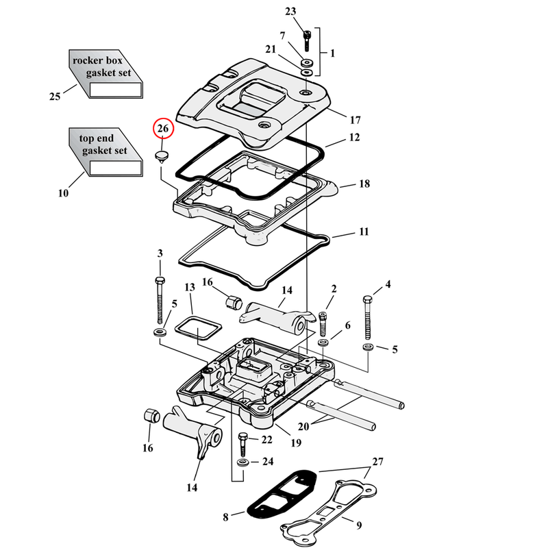 Rocker Box Parts Diagram Exploded View for Harley Evolution Big Twin 26) 92-99 Big Twin. S&S umbrella valve. Replaces OEM: 26856-89