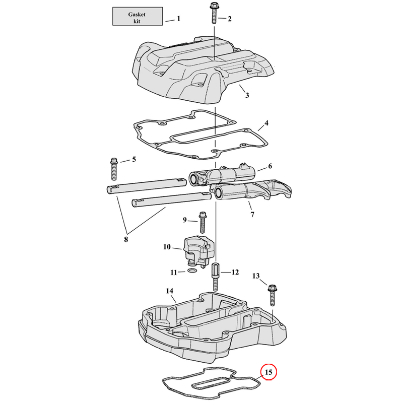 Rocker Box Parts Diagram Exploded View for Harley Milwaukee Eight 15) 17-23 M8. James rubber gasket, rocker cover lower. Replaces OEM: 25700425