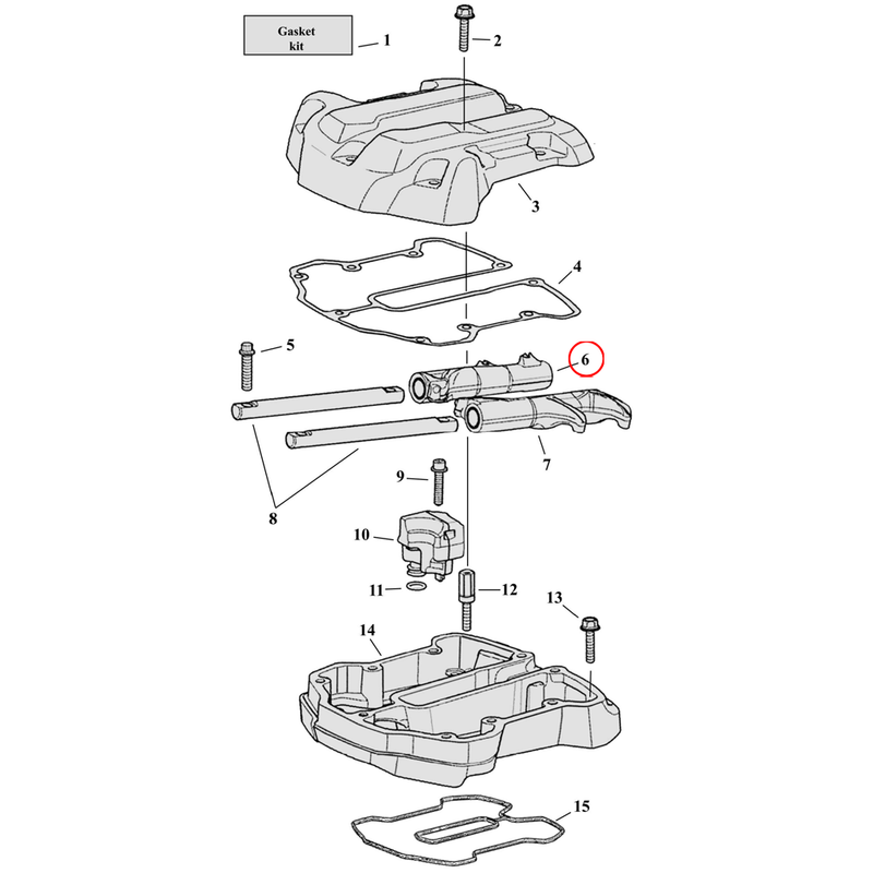 Rocker Box Parts Diagram Exploded View for Harley Milwaukee Eight 6) 17-23 M8. Rocker arm, front intake / rear exhaust.