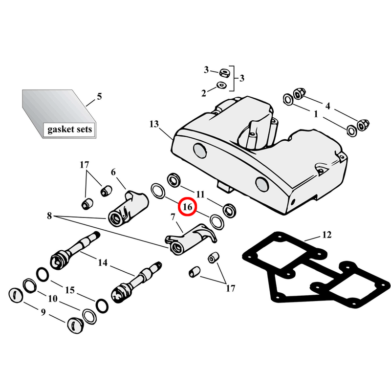 Rocker Box Parts Diagram Exploded View for Harley Shovelhead 16) 66-84 Shovelhead. Shim, rocker arm (.010").