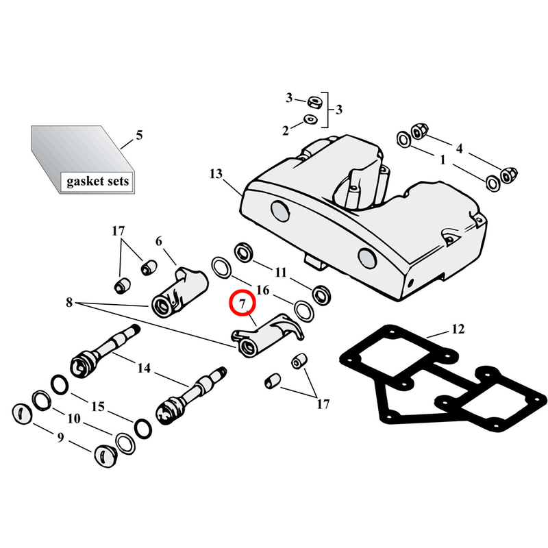 Rocker Box Parts Diagram Exploded View for Harley Shovelhead 7) 66-84 Shovelhead. Rocker arm. Front exhaust, rear intake. Replaces OEM: 17375-66A