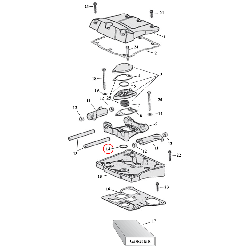 Rocker Box Parts Diagram Exploded View for Harley Twin Cam 14) 99-17 TCA/B. James o-ring, breather baffle. Replaces OEM: 11270