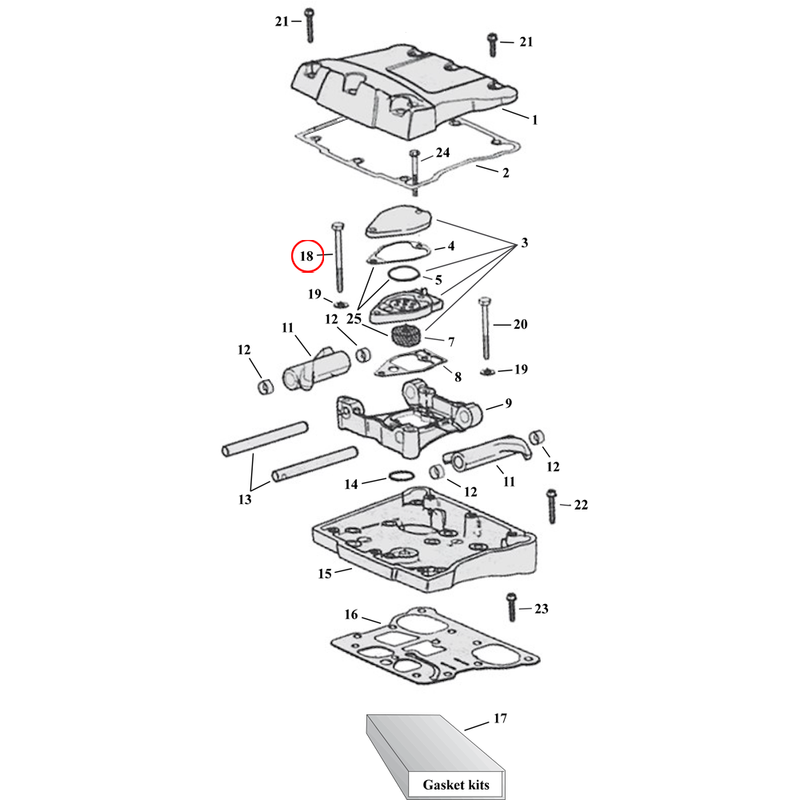 Rocker Box Parts Diagram Exploded View for Harley Twin Cam 18) 99-01 TCA/B. Hex bolt (set of 5). Replaces OEM: 3500A