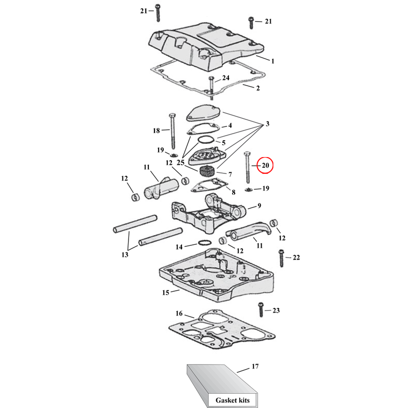 Rocker Box Parts Diagram Exploded View for Harley Twin Cam 20) 99-01 TCA/B. Hex bolt (set of 5). Replaces OEM: 3501A