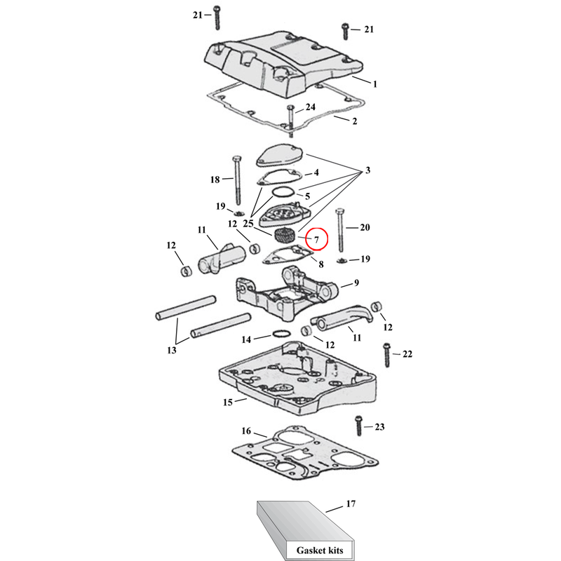 Rocker Box Parts Diagram Exploded View for Harley Twin Cam 7) 99-10 TCA/B. James filter, breather baffle. Replaces OEM: 63815-99